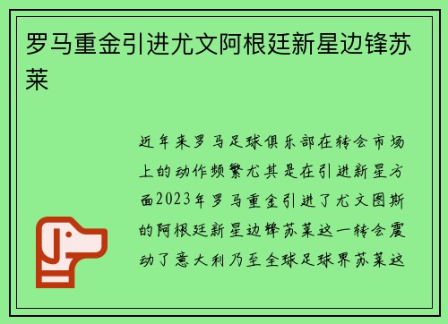 罗马重金引进尤文阿根廷新星边锋苏莱